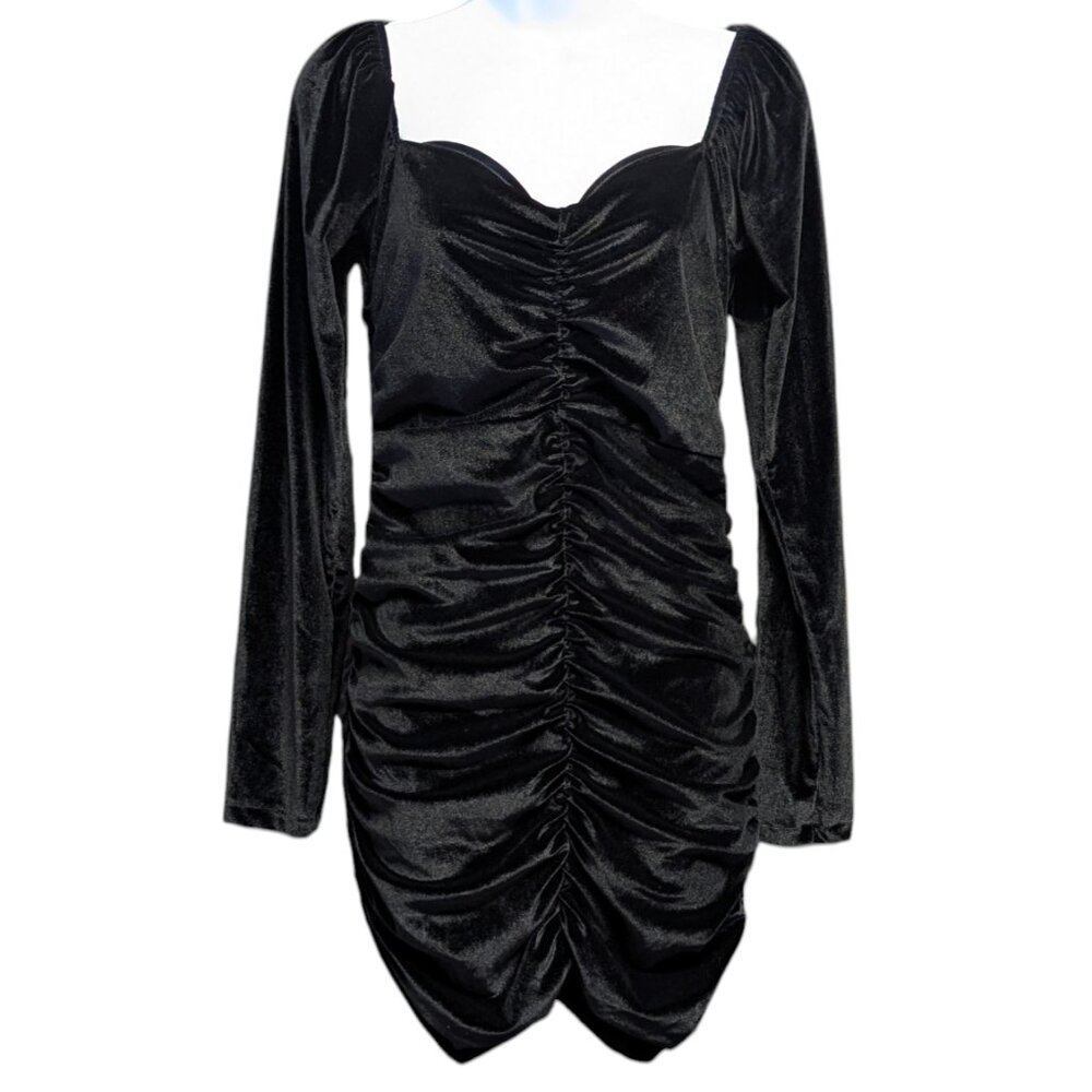 SHEIN Black Velvet Ruched Long Sleeve Mini Dress Size Large Party Cocktail LBD